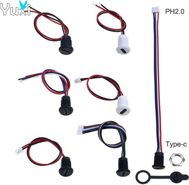 YuXi USB-C Ladeanschluss wasserdichte Buchse mit PH2.0-Anschluss und Lötanschlusskabel in Schwarz - Bild 1