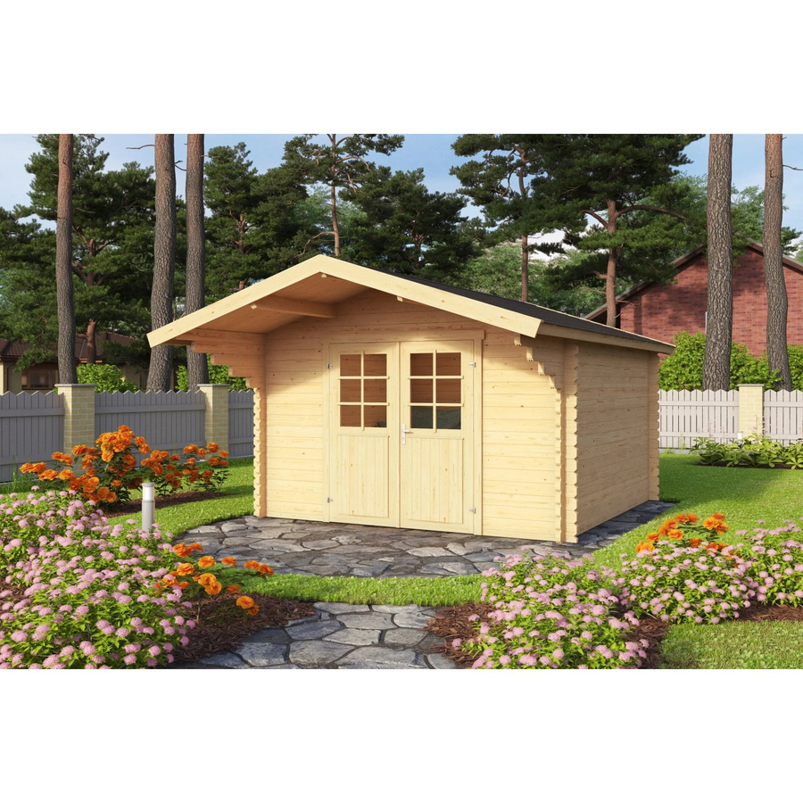 Lasita Holz-Gartenhaus Viljandi 34 mit Anbaudach und Satteldach in Beige, B/H/T: 339,7 x 245,1 x 445 cm - Bild 2