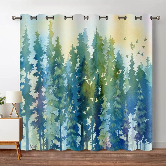 A Family Of Home Textiles Fenstervorhang mit grünem Wald-Aquarell-Design, semi-transparent, Farbe: Grün/Mehrfarbig, B: 175 cm, H: 220 cm - Bild 1