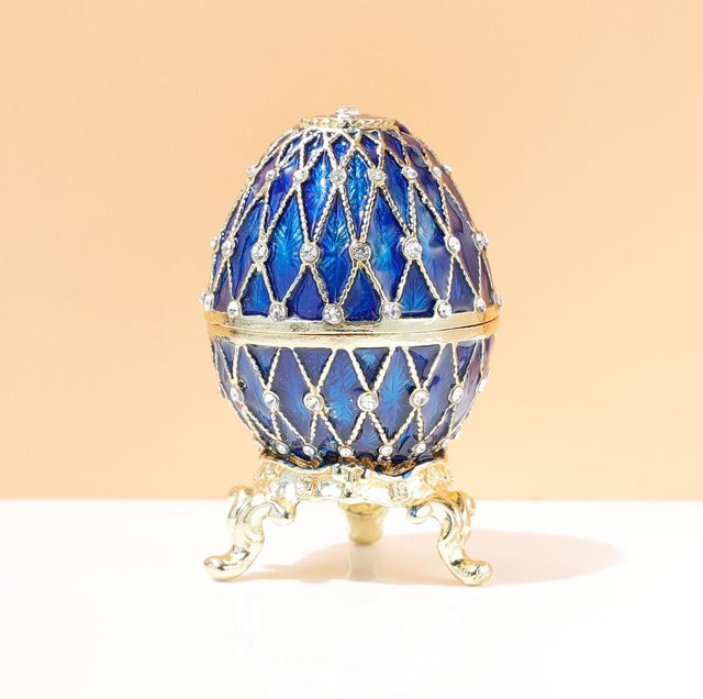 SUSUZUKU Faberge-Ei-Ornament aus blauem Kristall, handbemalte Schmuckschatulle mit Scharnier für Ostern - Bild 1