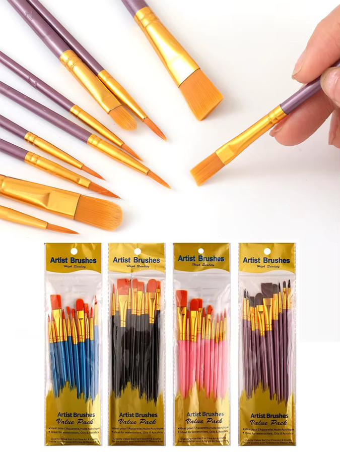 10er Set Multifunktionale Aquarellpinsel mit Nylonhaar und pinkfarbenen Kunststoffgriffen für Gouache und Ölfarben - Bild 3