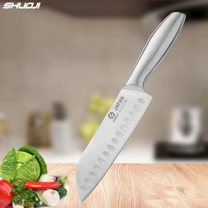 SHUOJI Santoku-Küchenmesser aus Edelstahl mit antihaftbeschichteter Klinge und Hohlgriff, Silber, Klingenlänge: 17,8 cm - Bild 2