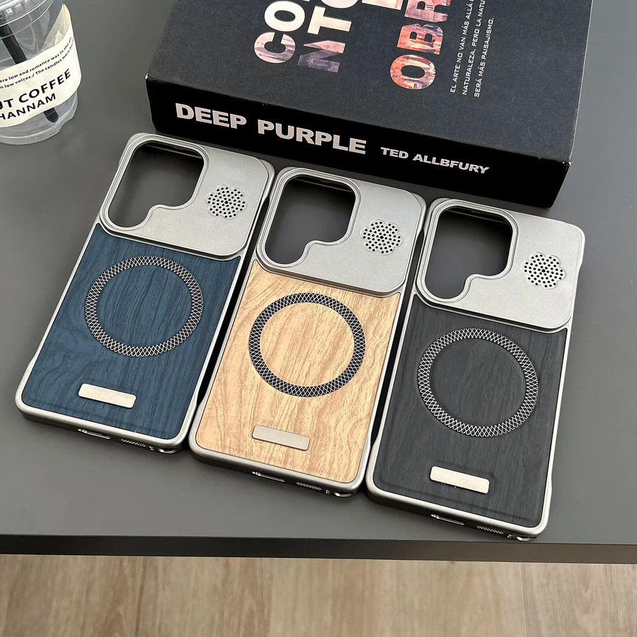 Magnetische Lederhülle mit Holzstruktur für Samsung Galaxy S26 Ultra und S26 Plus in Grau - Bild 4