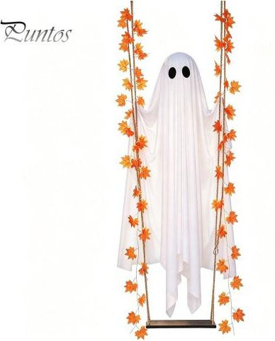 Leuchtender Halloween Geist mit Ahornblatt als hängende Schaukel für die Gartenhof Dekoration, Weiß, Höhe: 1,8 m - Bild 1