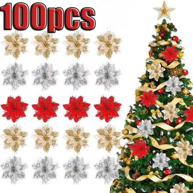 Mreey Glitzernde künstliche Weihnachtsblumen als Weihnachtsbaumdekoration in Gold, Höhe: 14,5 cm - Bild 1