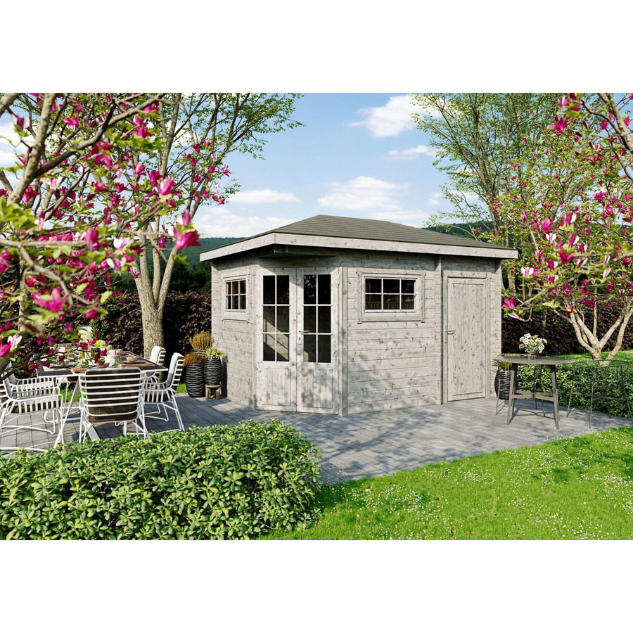 Fjordholz Gartenhaus Evelyn 5-Eck Log Cabin aus imprägniertem Holz in Grau - Bild 2