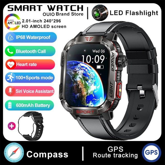 Zodvboz Military GPS Smartwatch für Männer in Schwarz mit Kompass, Taschenlampe, Bluetooth-Anruffunktion und Wasserdichtigkeit, inklusive Silikon- und Lederarmband - Bild 1
