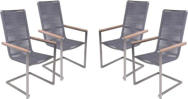 DELUKE Gartenstuhl DIMitR 4er Set Freischwinger Essstuhl aus Edelstahl und Olefin-Seilen in Anthrazit mit Teakholz-Elementen, B/T/H: 45 x 40 x 108 cm - Bild 1