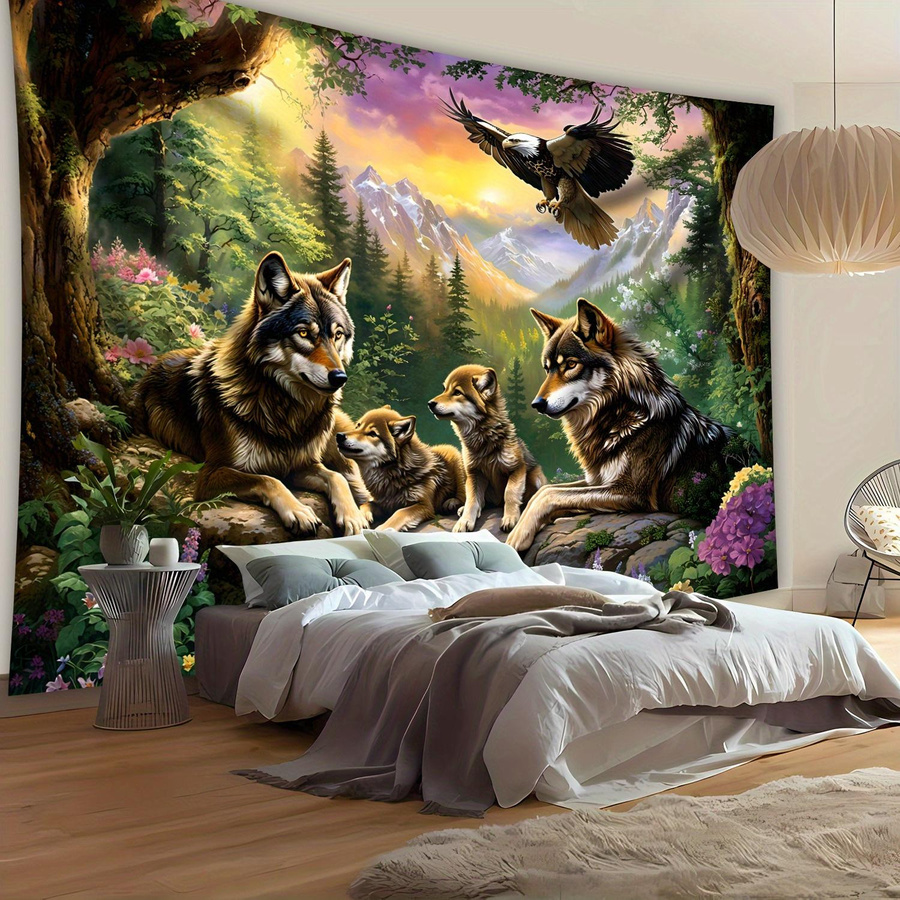 Wandteppich mit Wolfsfamilie und Adler im Bergwald bei Sonnenuntergang von JMG Household Supplies, Mehrfarbig, Breite: 100 cm, Höhe: 70 cm - Bild 5