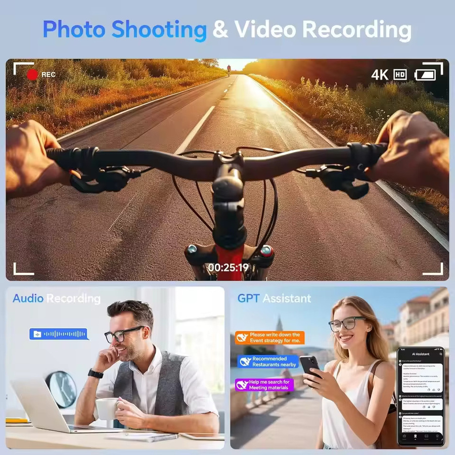 GUHUAVMI Smarte KI-Brille mit 1080P HD Videoaufnahme, ChatGPT Unterstützung, Bluetooth für Anrufe und Sprachübersetzung, Sonnenbrille für Herren, Schwarz - Bild 3