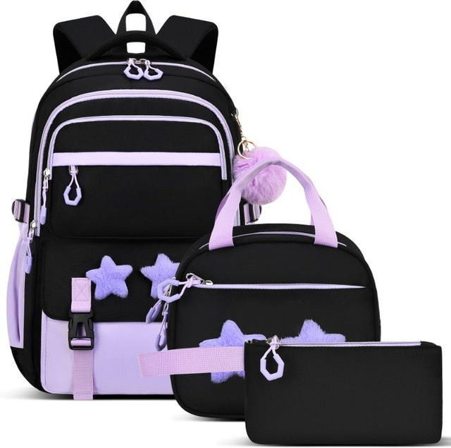 3-teiliges Schulranzen-Set in Pink und Schwarz mit Lunchbag und Federmäppchen - Bild 1