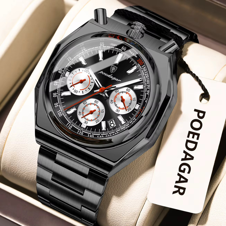POEDAGAR Chronograph Armbanduhr, Quarz, Edelstahl, Silber, Herren - Bild 2
