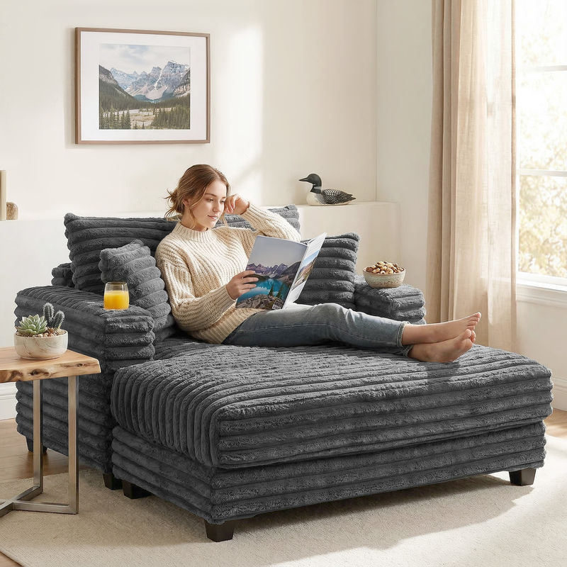 HOMCOM Schlafsofa 2 Sitzer Chaiselongue mit Bettfunktion in Grau, Cord-Optik mit Becherhalter und Wurfkissen, B/T/H: 134 x 151 cm - Bild 2