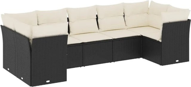 vidaXL 7-tlg Garten-Sofagarnitur in L-Form aus Poly Rattan und Metall mit Kissen in Schwarz - Bild 1