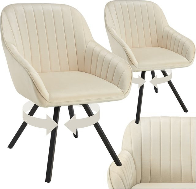 tectake 2er Set Drehbarer Armlehnstuhl in Samtoptik mit Stahlbeinen, Farbe Beige, B/T/H: 58 x 58 x 82 cm - Bild 1