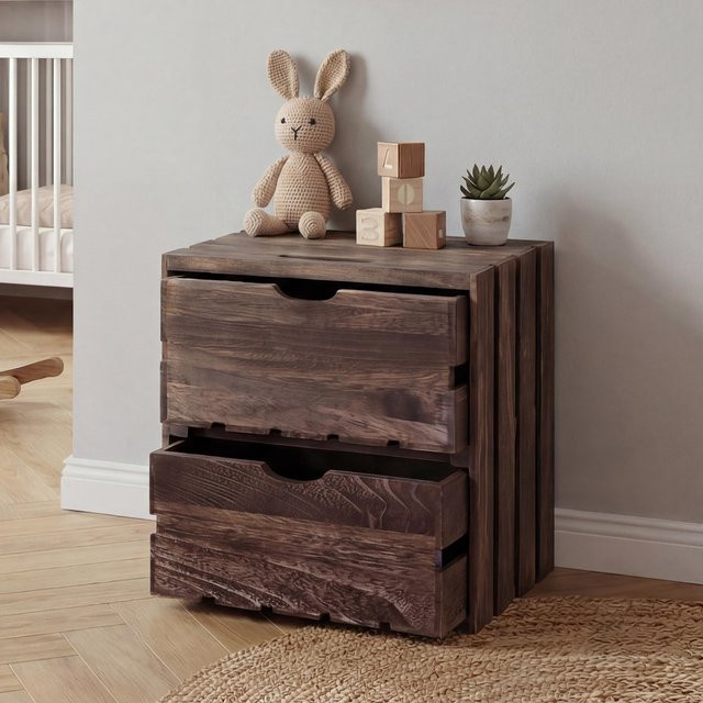 MCW Kommode C62 aus Paulowniaholz mit 2 Schubladen in Braun im Shabby-Look Vintage, B/T/H: 36 x 32 x 26 cm - Bild 1