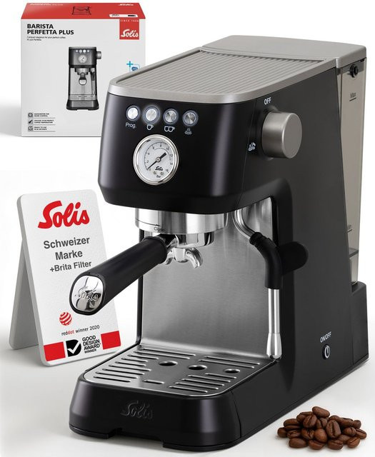 Solis Barista Perfetta Plus Typ 1170 v2 halbautomatische Espressomaschine aus Edelstahl in Schwarz-Silber mit Dampflanze für gemahlenen Kaffee - Bild 1