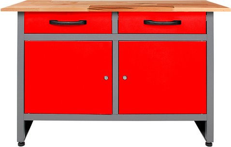 Ondis24 Werkbank Werner in Rot-Grau mit 2 Schiebern und 2 Türen, Breite: 120 cm - Bild 1