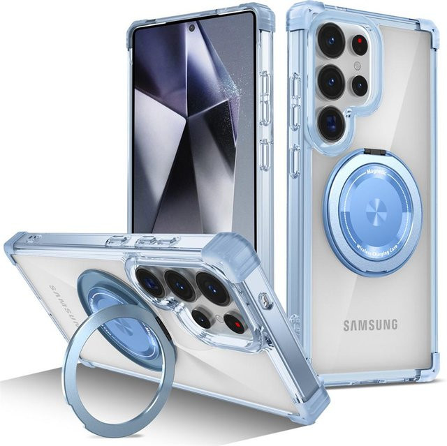 Stoßfeste Samsung Galaxy Handyhülle mit drehbarem magnetischem Klappständer in Blau und Transparent für S26 S25 S24 S23 S22 S21 Ultra Plus FE - Bild 1