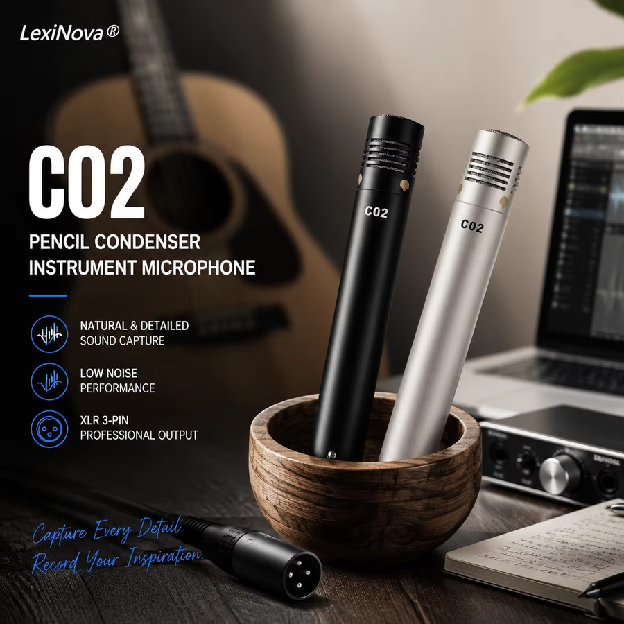 LexiNova C02 Kondensator-Stiftmikrofon mit kleiner Membran in Silber für Gitarre, Klavier, Violine und Saxophon in Studio und Bühne - Bild 2