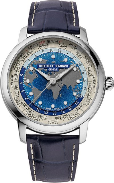 Frederique Constant Herrenuhr Classic Worldtimer, Automatik, Edelstahl, 40 mm, Leder, Blau - Bild 1