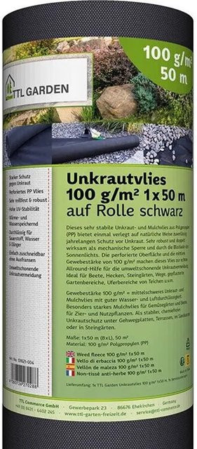 TTL GARDEN Unkrautvlies Schwarz, 100g/m², B: 1 m, L: 50 m, UV-stabil und Wasserdurchlässig für Beet und Wege - Bild 1