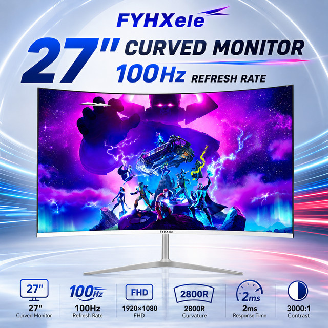 FYHXele Curved Gaming Monitor 27 Zoll, FHD 1080P, 100Hz, CSOT HVA Panel, 2ms, 99% sRGB, Schwarz - Bild 1