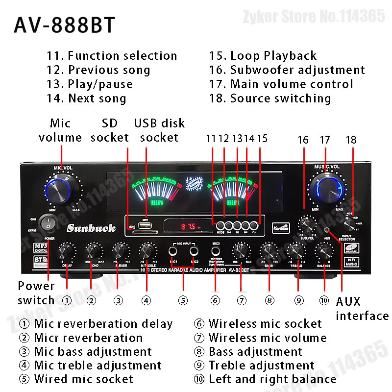WAPUNO AV-888/999BT Hi-Fi-Stereo-Audio-Verstärker mit Bluetooth und zwei dynamischen Bildschirmen in Schwarz - Bild 3