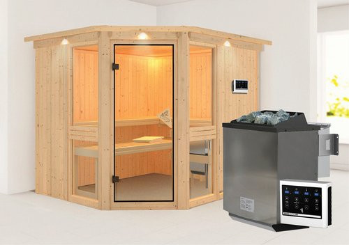Karibu Pölva 3 Bio-Kombi-Sauna für 4 Personen in Beige mit 9 kW Saunaofen und externer Steuerung, B/T/H: 245 x 210 x 202 cm - Bild 1
