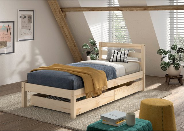 Einzelbett Pino aus massivem Kiefer mit 2 Schubladen, braun, B/T/H: 90 x 200 cm - Bild 1