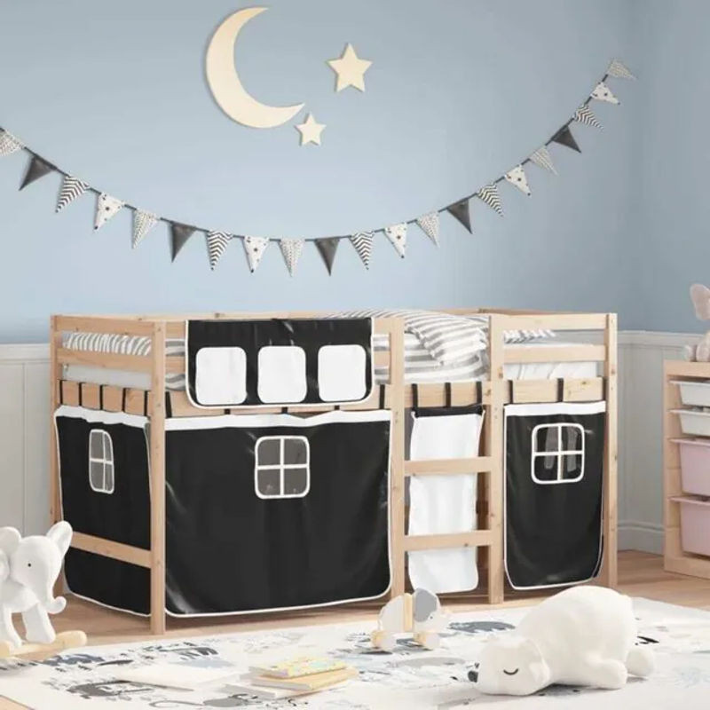 vidaxl Kinderhochbett aus Kiefernholz mit Vorhängen in Weiß und Schwarz, B/T/H: 190 x 90 x 113,5 cm - Bild 1
