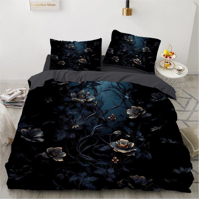 3-teiliges Bettwäscheset kemila mit 3D-Rose-Druck in Schwarz, Bettbezug und Kissenbezug, B/H: 135 x 200 cm - Bild 1