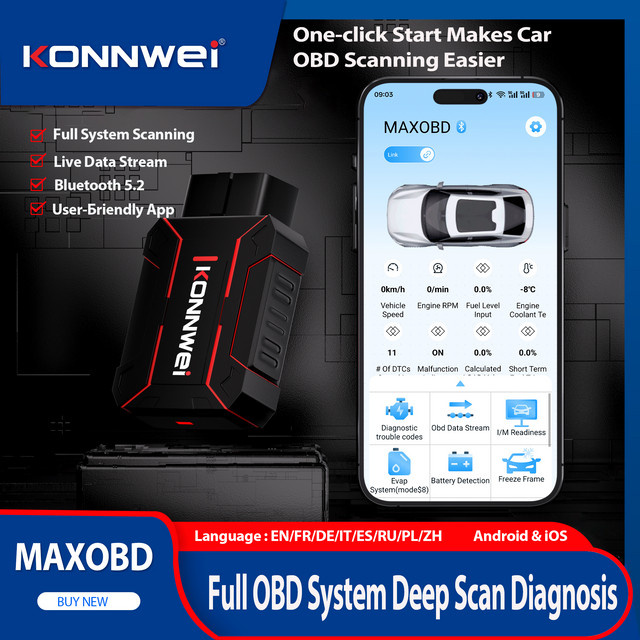 KONNWEI MAXOBD Bluetooth Auto-OBD-Fehlerdiagnosetool zur I/M-Informationsbeobachtung in Schwarz - Bild 1