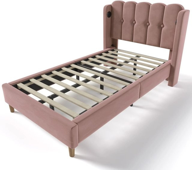 Merax Polsterbett mit USB-C Ladestation aus Samt in Rosa, B/T/H: 90 x 200 x 103 cm - Bild 1