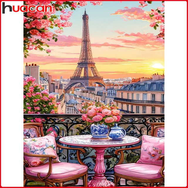 Huacan DIY Diamantmalerei Set Sonnenuntergang Landschaft mit Blumen und Gebäuden, Mosaik-Malset für Erwachsene, Mehrfarbig, B: 30,0 cm, H: 20,0 cm - Bild 1