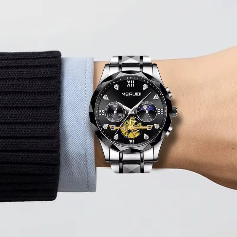 MEIRUIQI Armbanduhr Quarz, Edelstahl, Schwarz, Herren - Bild 4