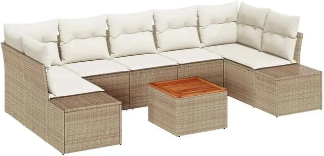 vidaXL Garten-Sofa-Set 8-teilig aus Polyrattan in Beige und Weiß mit Akazienholz und Polsterkissen - Bild 1