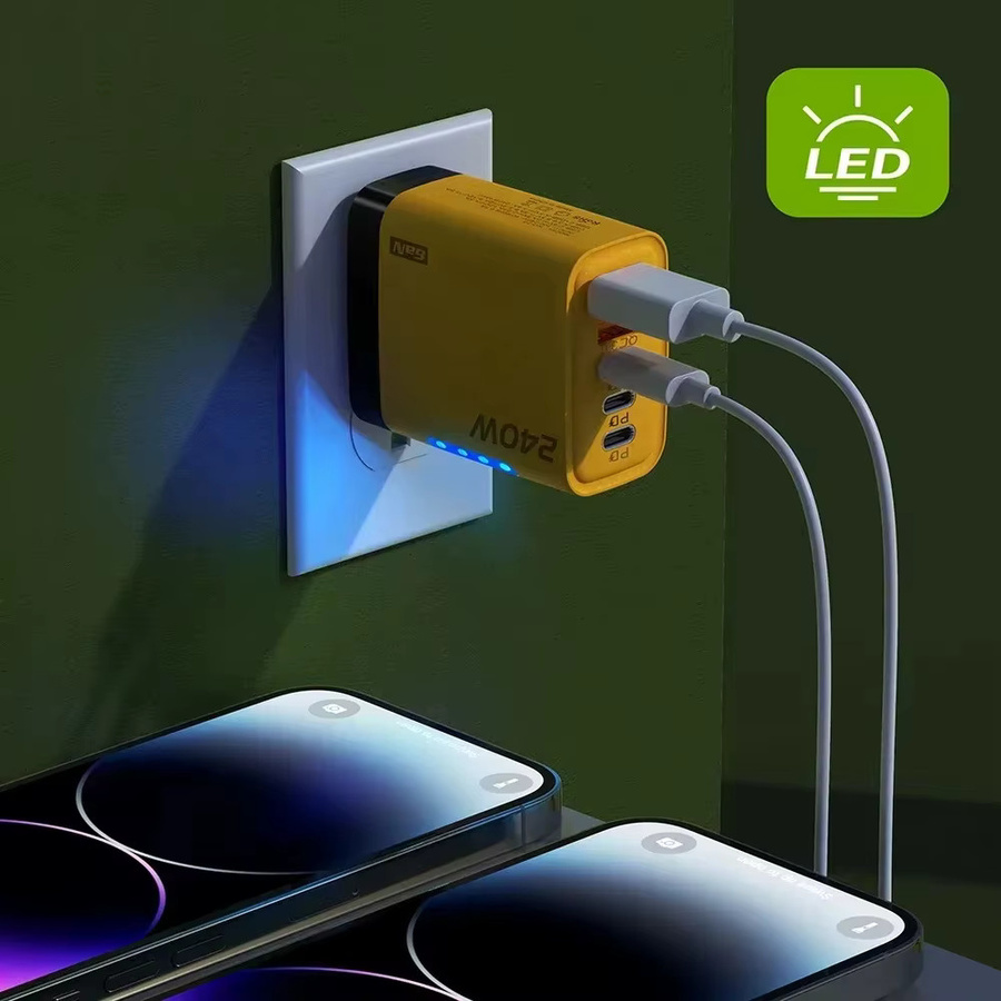 240W GaN-Schnellladegerät mit LED-Licht in Gelb, 5-in-1 Multi-Port-Ladegerät mit 2 USB und 3 Type-C Anschlüssen für iPhone 15-17 Serie, Samsung, Huawei und Xiaomi - Bild 4