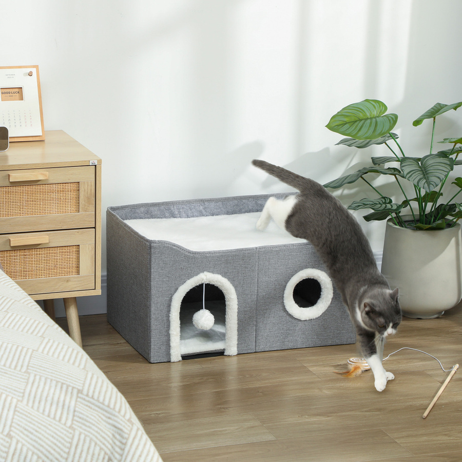 PawHut Faltbares Katzenhaus mit Kratzbereich und hängender Kugel, Grau, B/T/H: 60 x 40 x 34 cm - Bild 2