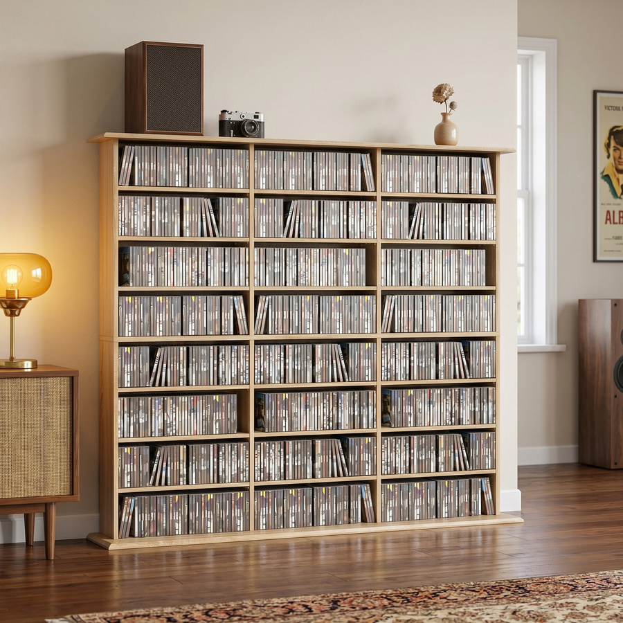 HOMCOM Multimedia-Regal zur Aufbewahrung von CDs und DVDs in Eiche, 24 Fächer mit 18 verstellbaren Böden, B/T/H: 145 x 24 x 126,3 cm - Bild 2