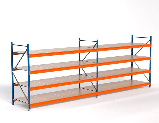 PROREGAL Industrie Weitspannregal MAXIMUS PRO Lagerregal mit 2 Feldern und 4 Spanplatten-Fachböden, Farbe Blau/Orange, H x B x T: 200 x 550 x 100 cm - Bild 1