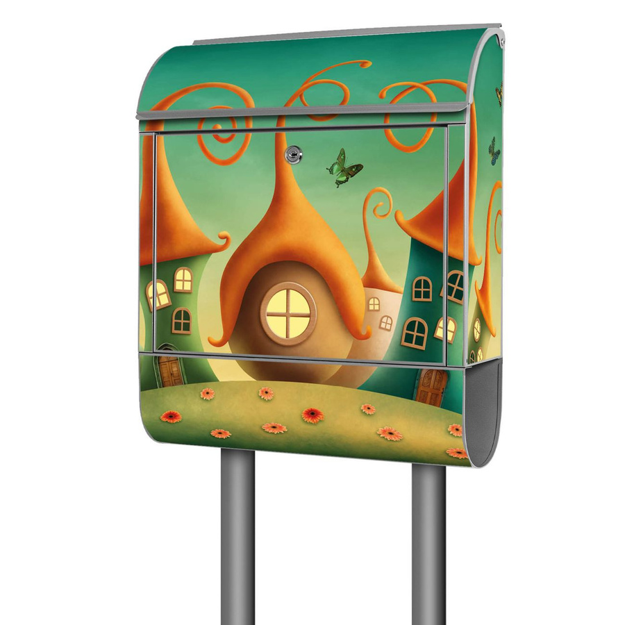 banjado Postkasten mit Standfuß und Motiv Zwergenhausen, pulverbeschichtet, Farbe: grau/silber/mehrfarbig, B/T/H: 38 x 16 x 161,5 cm - Bild 1