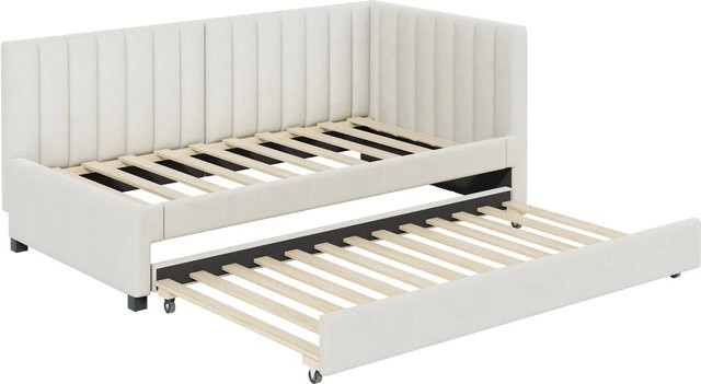 Merax Schlafsofa aus Samt in Beige, ausziehbar im Mid-Century Design, Breite: 90 cm, Tiefe: 200 cm - Bild 1