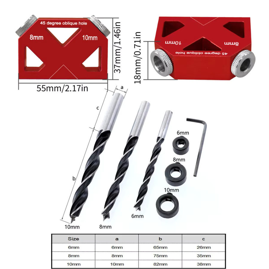 Wnew 45 Grad Winkellochbohrführung aus Aluminium in Rot mit Bohrer-Set zur Schräglochbefestigung und Taschenlochbohrung für die Holzbearbeitung - Bild 2