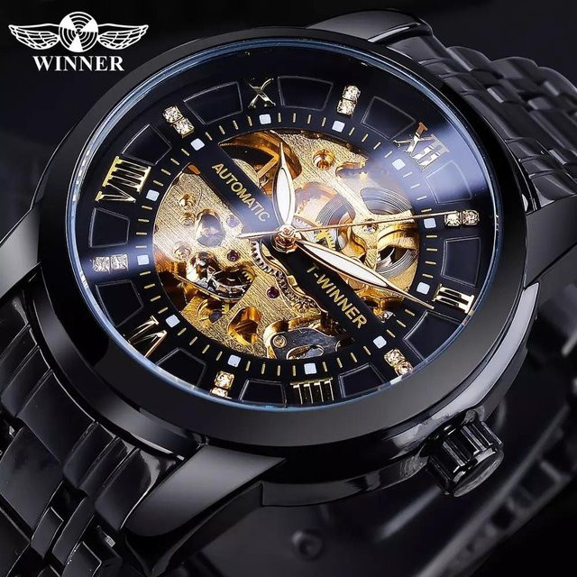 Winner Armbanduhr Automatik, Edelstahl, Schwarz, Diamant, Herren - Bild 1