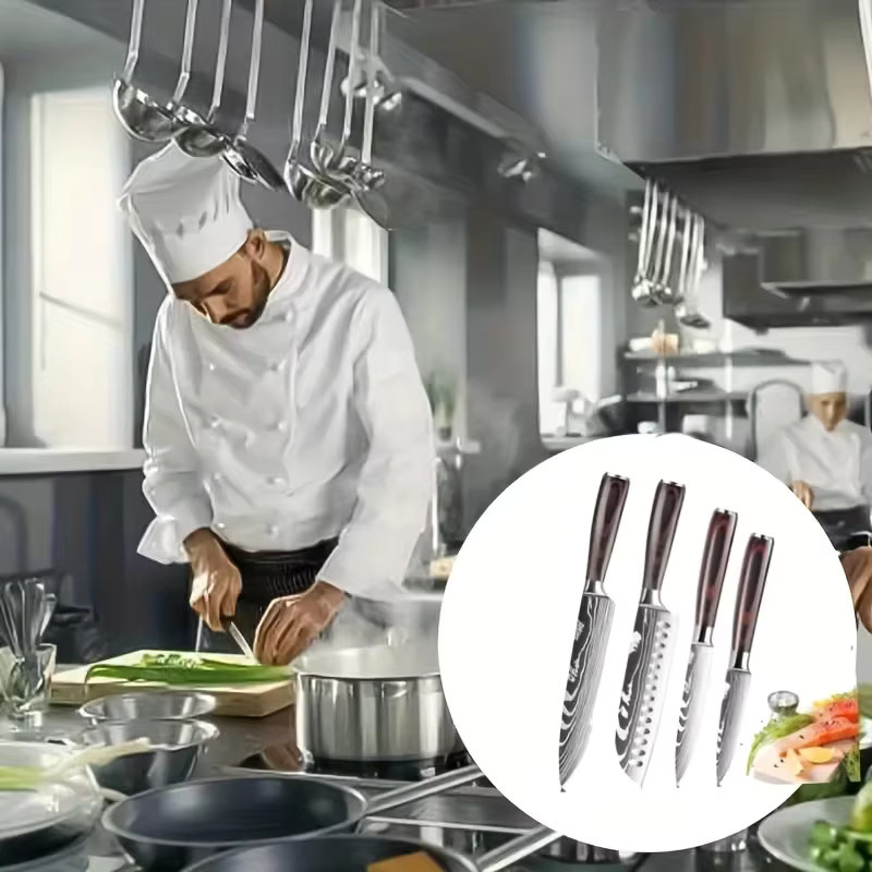 DFITO 4-teiliges Küchenmesser-Set aus Edelstahl in Silber, ultrascharfe japanische Profi-Messer mit Damaszener-Muster inklusive Santoku-Messer - Bild 4