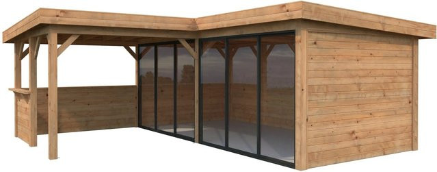Palmako Pavillon Lenna Set 422 Slide aus Fichtenholz in Braun mit Alu-Schiebetüren und Flachdach B/T/H: 588 x 588 x 245 cm - Bild 1