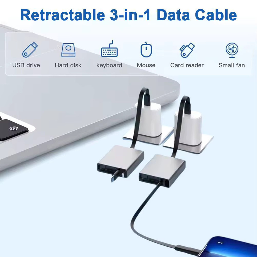 3-in-1 USB-C Datenkabel 60W einziehbares Multifunktions-Schnellladekabel für Mobilgeräte und Laptops in Grau - Bild 3