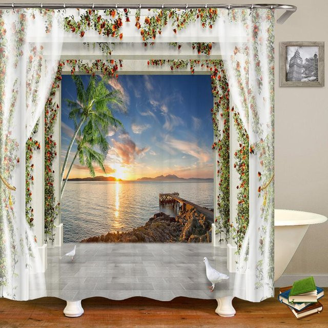 Waschbarer Duschvorhang Naturlandschaft von Baifenbai Home Furnishing, wasserdichter Polyester mit 3D-Druck, Mehrfarbig, B: 180 cm, H: 180 cm - Bild 1