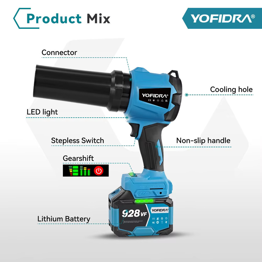 YOFIDRA Bürstenloser elektrischer Turbogebläse Hand-Laubbläser und Staubblaswerkzeug in Blau für Makita 18V Akku - Bild 5